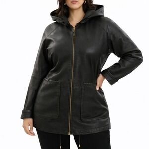 90s Vintage Black Leather Hooded Jacket Womens S Blanket Stitch Jacquelline Ferr